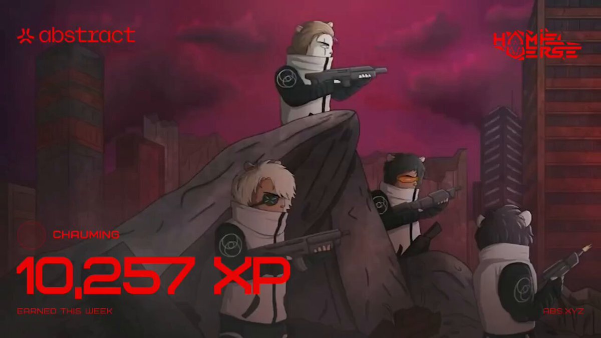 The image features four cartoon characters standing on top of a large rock, each holding different weapons such as guns, bows, and swords. The characters are positioned as if they're in action or preparing for a battle. The background depicts a cityscape with buildings under a dark sky. There is also text present that reads "Yo fam I got 10.257k Xp on the @AbstractChain I was not doing too many tasks and not playing too many games last week but this I am playing as a hope for good results for next week Btw @hamieverse cards working well".