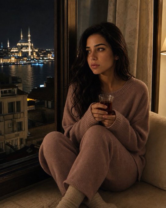 A young woman with dark wet hair wearing a mauve sweater and sweatpants, sitting by a window at night holding a small glass of red liquid, with an illuminated city skyline featuring a mosque visible across the water.