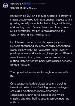 A Discord post by user 'defisensei' titled 'SENSEI $MPLX Thesis,' analyzing how Metaplex combines onchain assets with $MPLX for infrastructure, pre-sales, and auctions, and noting that Core and Bubblegum support flexible digital assets and large-scale NFT creation.