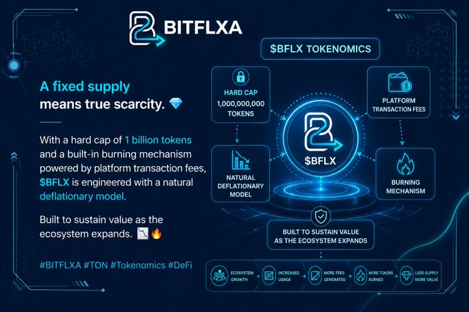 A BITFLXA tokenomics infographic highlighting a hard cap of 1 billion tokens, platform transaction fees, and a burning mechanism for deflationary value.