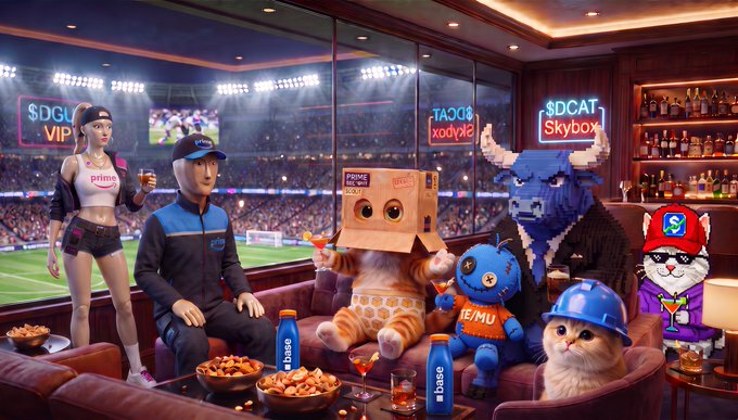 An AI-generated image of a VIP stadium skybox scene featuring an Amazon Prime delivery character, a uniformed man, a giraffe wearing a Prime box, a blue bull, a cat in a Base cap, and a cat in a blue helmet, with Base-branded drinks on the table.