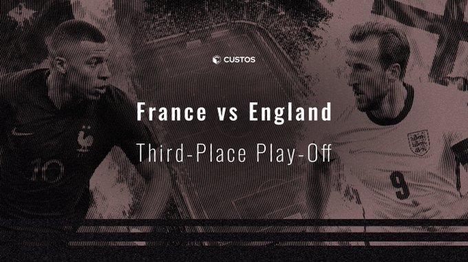 CUSTOS promotional banner for 'France vs England Third-Place Play-Off' featuring faded silhouettes of a French player (#10, Mbappé) and an England player (#9).