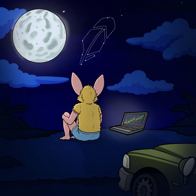 A cartoon illustration shows a furry rabbit-like creature sitting next to a laptop displaying a green trading chart under a full moon at night.