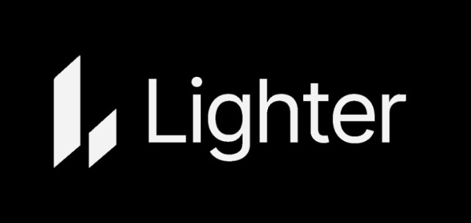 A simple logo for 'Lighter' featuring white text and a geometric icon on a black background.
