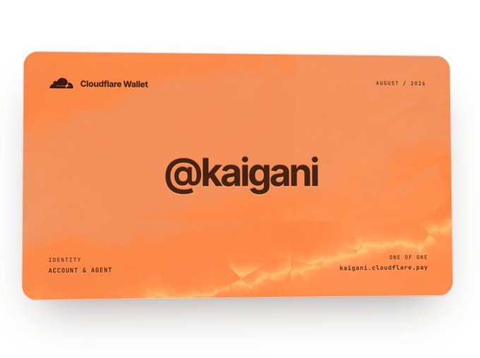 An orange digital wallet card for Cloudflare Wallet with '@kaigani' displayed prominently, labeled 'IDENTITY ACCOUNT & AGENT', 'AUGUST / 2024', and 'kaigani.cloudflare.pay'.