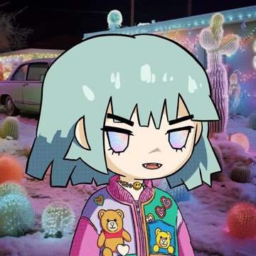 An animated character with light green hair and a colorful teddy bear jacket stands against a vibrant, neon-lit desert background.