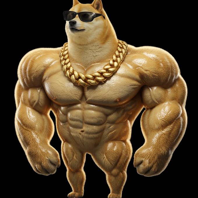 A humorous digital rendering of an extremely muscular Shiba Inu dog wearing sunglasses and a thick gold chain against a black background.