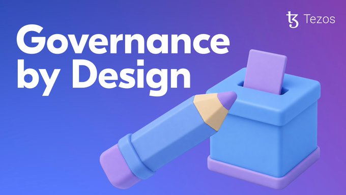 A Tezos promotional graphic featuring the text 'Governance by Design' alongside a 3D illustration of a pencil entering a ballot box.