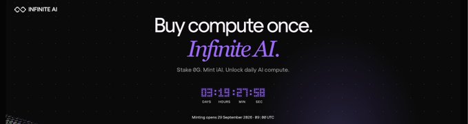 A dark promotional banner for "INFINITE AI" featuring the tagline "Buy compute once. Infinite AI." with a countdown timer reading 03:19:27:58, promoting the 0G token mint opening on September 29, 2025, 9:00 UTC, which relates to the post's discussion of @0G_labs and their delayed investor unlocks despite product development progress.