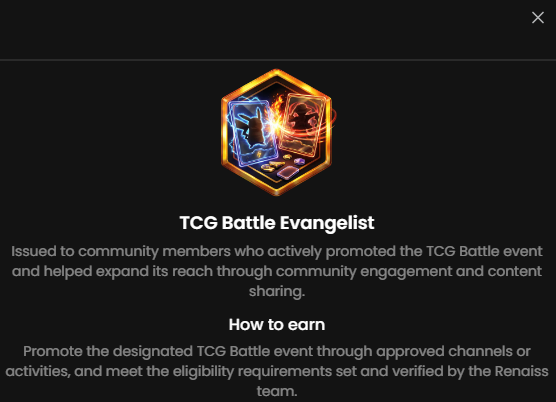 Digital badge for 'TCG Battle Evangelist' issued to community members who promoted the TCG Battle event.