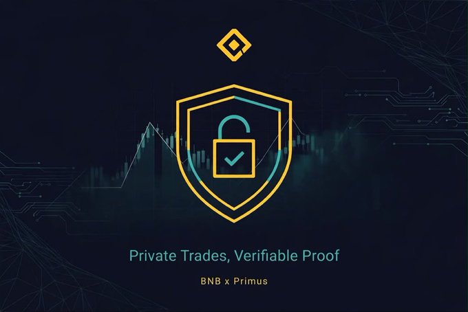 A promotional graphic for BNB x Primus featuring a yellow and teal shield with an unlocked padlock icon, with the tagline 'Private Trades, Verifiable Proof' against a dark technical background with chart patterns.