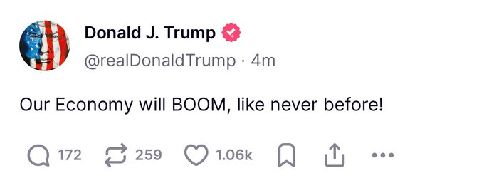 A screenshot of a tweet from Donald J. Trump (@realDonaldTrump) posted 4 minutes ago that reads "Our Economy will BOOM, like never before!" with 1.06k likes.