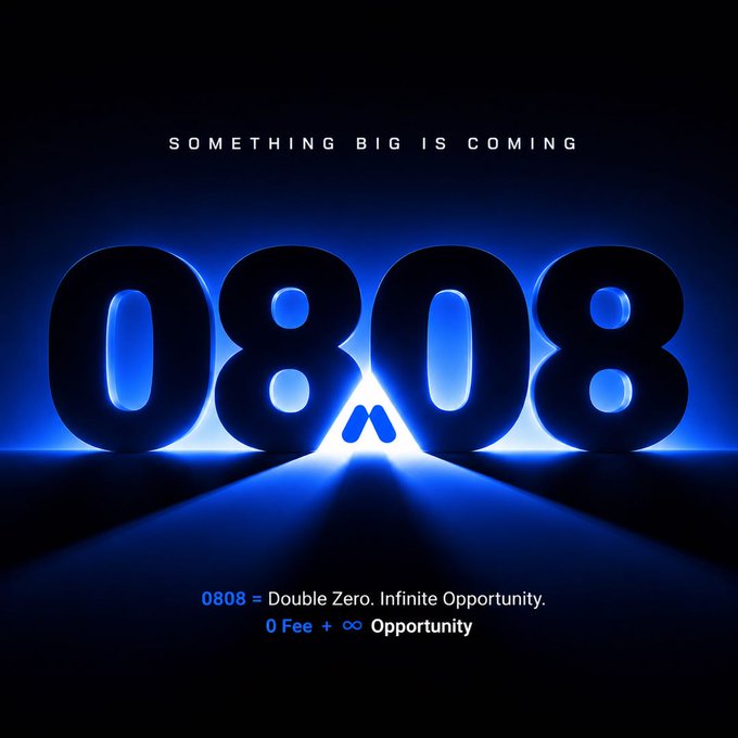 A dark promotional teaser with 'Something Big Is Coming' and large glowing '0808' numbers, with text reading '0808 = Double Zero. Infinite Opportunity. 0 Fee + ∞ Opportunity.'