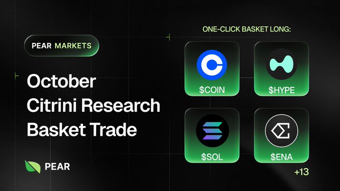 A graphic for Pear Markets announces the "October Citrini Research Basket Trade," highlighting a "ONE-CLICK BASKET LONG" featuring four cryptocurrencies: $COIN, $HYPE, $SOL, and $ENA, with "+13" indicating more assets.