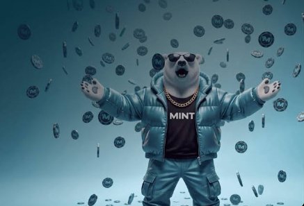 A 3D-rendered anthropomorphic dog wearing sunglasses, a puffy jacket, gold chains, and a shirt labeled "MINT" stands with arms raised as coins float around it against a teal background.