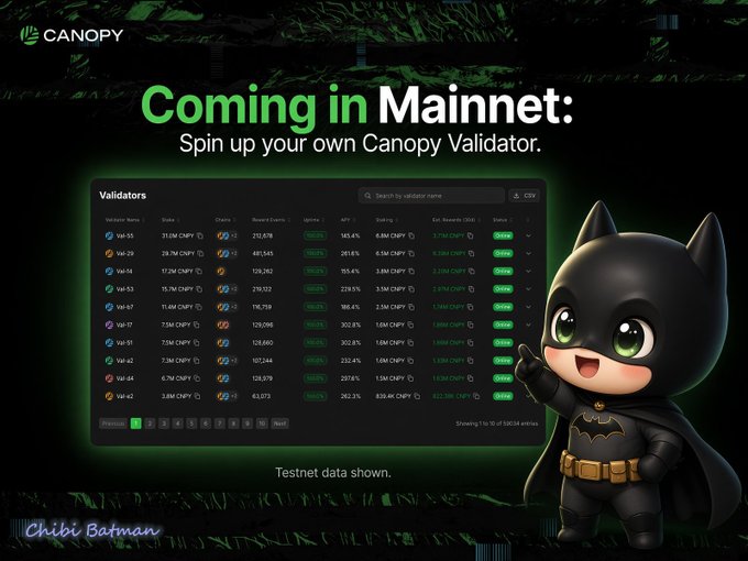 A promotional graphic titled 'Coming in Mainnet: Spin up your own Canopy Validator' featuring a chibi Batman character and a table of validator data showing stakes in CMPY tokens.