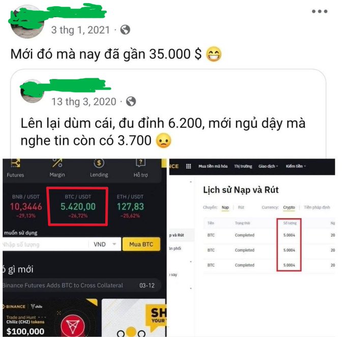 A Vietnamese Facebook post showing crypto trading screenshots on Binance (BTC/USDT at 5,420, down 26.72%) with text translating to 'Sold today near $35,000' and referencing a previous post about buying at 6,200 down to 3,700.