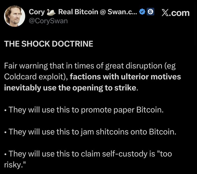 A screenshot of an X post by Cory Swan (@CorySwan) titled "THE SHOCK DOCTRINE," warning about factions using disruptions like the Coldcard exploit to promote paper Bitcoin, jam shitcoins onto Bitcoin, and claim self-custody is too risky.