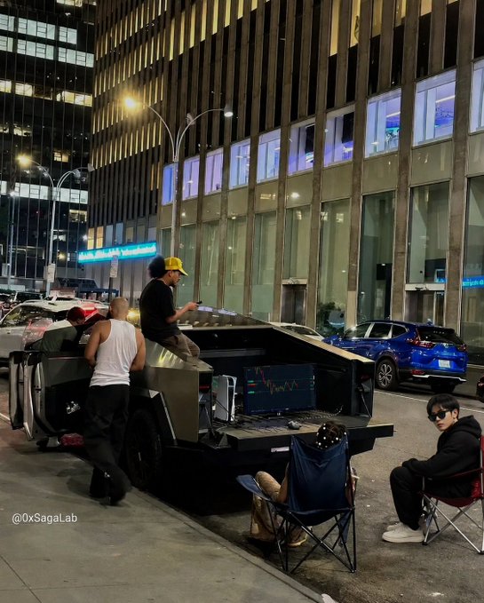 A nighttime street scene shows a group of people gathered around a modified vehicle fitted with monitors displaying a stock chart, with one man sitting in a folding chair. The watermark '@0xSagaLab' is visible in the bottom left corner.