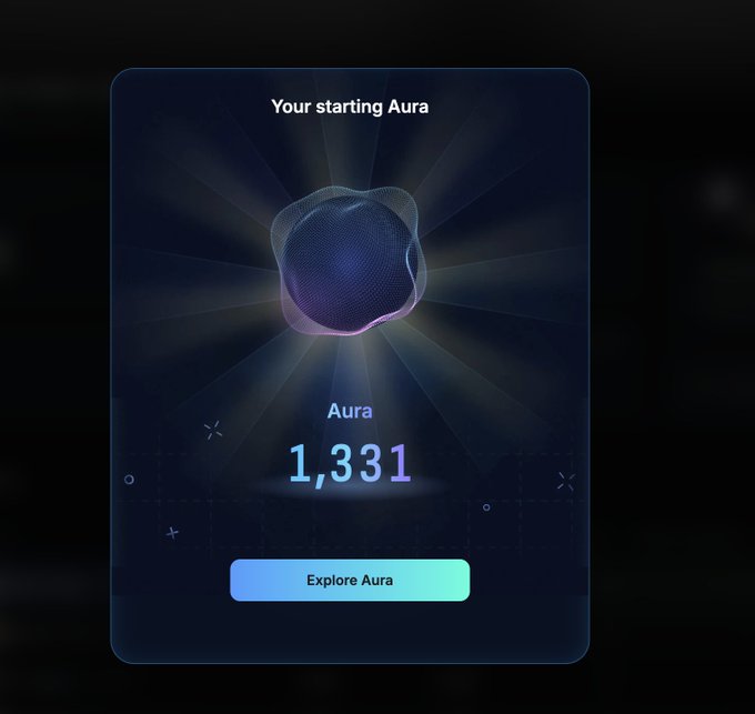 The image shows a card titled "Your starting Aura" with a value of 1,331 and an "Explore Aura" button. This relates to the post by illustrating the new Kaito Aura system, which replaces the old "Yaps" system, and the 1,331 score reflects a starting Aura balance tied to the user's Kaito profile.