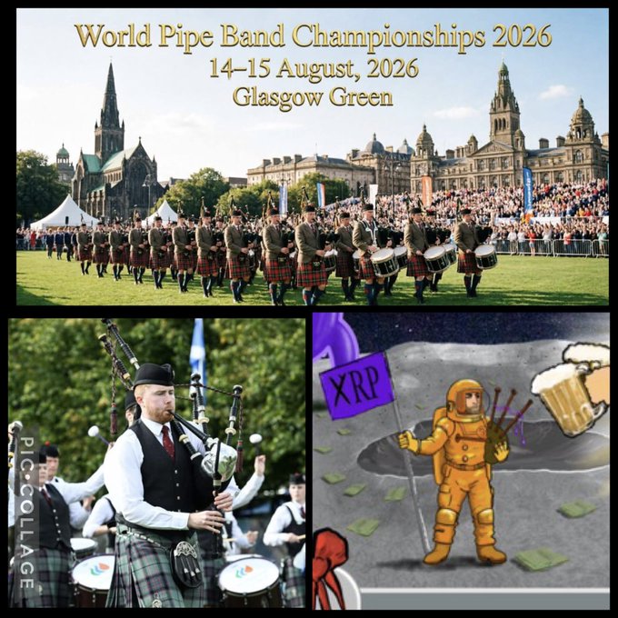 A promotional collage for the World Pipe Band Championships 2026 on 14-15 August at Glasgow Green, featuring photos of bagpipers and drummers performing alongside a cartoon astronaut holding an 'XRP' flag next to a beer.
