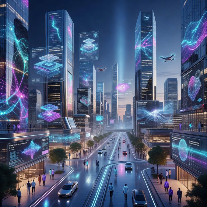 A futuristic cityscape with neon-lit skyscrapers, holographic displays, flying vehicles, and pedestrians on a street at dusk.