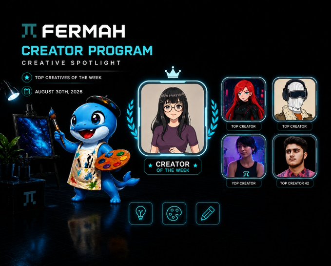 A promotional graphic for the 'FERMAH CREATOR PROGRAM' Creativy Spotlight dated August 30th, 2026, featuring a blue mascot painting at an easel alongside featured creators labeled 'CREATOR OF THE WEEK' and 'TOP CREATOR'.
