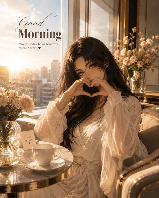 A 'Good Morning' greeting image showing a young woman with long dark hair forming a heart with her hands while sitting at a cafe table with flowers and a city view in the background, featuring the text 'May your day be as beautiful as your heart ♥'.
