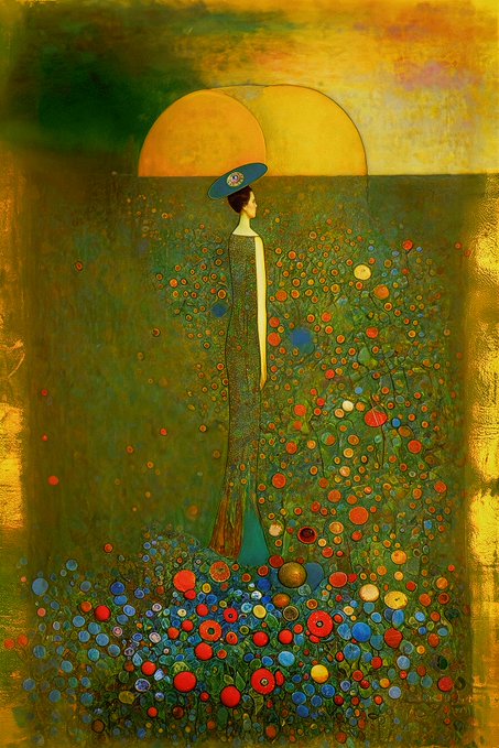 A richly colored painting in the style of Gustav Klimt's 'Sunflower' showing a woman in a blue hat and long dress standing in a field of colorful flowers beneath two large golden suns.