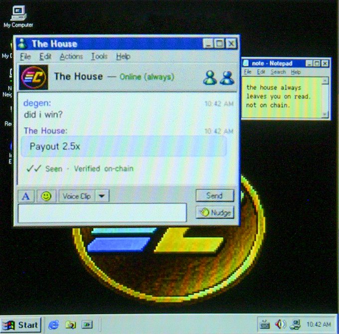 A computer screen displays a retro-style chat window titled "The House" where a user named "degen" asks "did i win?" and receives a reply of "Payout 2.5x" with a verified on-chain checkmark, alongside a Notepad window reading "the house always leaves you on read. not on chain."