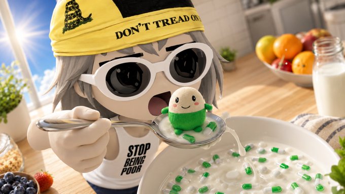 A cartoon character wearing a yellow "DON'T TREAD ON" cap and a "STOP BEING POOR" shirt holds a spoonful of a smiling green creature, dipped from a bowl of milk and green bits—playfully visualizing the "breakfast of champions" line through its absurd, meme-style humor.