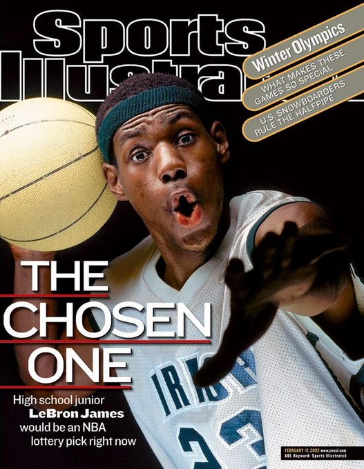 A Sports Illustrated magazine cover featuring LeBron James in his high school basketball uniform, headlined 'THE CHOSEN ONE'.