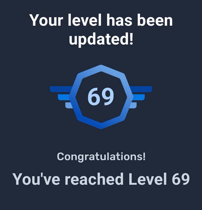 A dark blue notification screen displaying a winged hexagonal badge with the number '69', with text reading 'Your level has been updated!' and 'Congratulations! You've reached Level 69'.