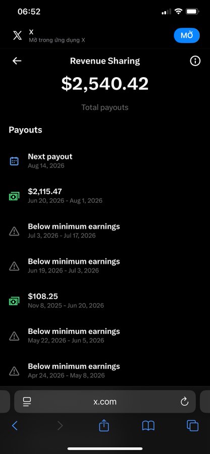 An X (Twitter) mobile screenshot showing a Revenue Sharing page with total payouts of $2,540.42, including a $2,115.47 payout and several 'Below minimum earnings' entries.