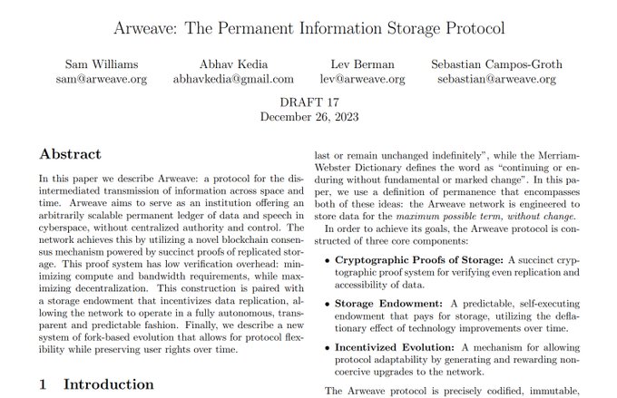 The first page of an academic paper titled 'Arweave: The Permanent Information Storage Protocol' by Sam Williams, Abhav Kedia, Lev Berman, and Sebastian Campos-Groth, DRAFT 17, dated December 26, 2023.