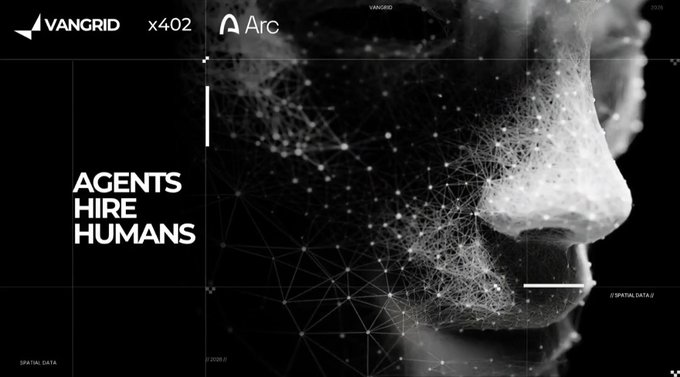 A promotional graphic from "VANGRID" and "Arc" features a profile silhouette of a face composed of a white constellation network on a black background, with the text "AGENTS HIRE HUMANS".