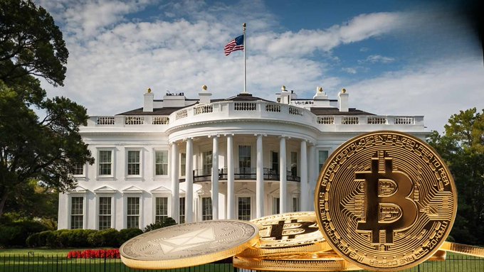 The White House in Washington D.C. with the American flag flying, overlaid with images of a Bitcoin coin and Ethereum coin.