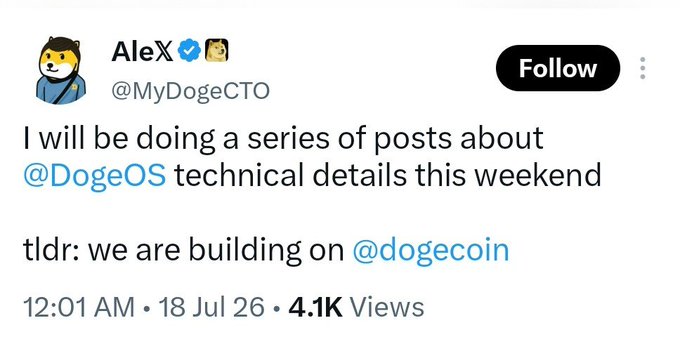 X/Twitter post from AleX (@MyDogeCTO) announcing an upcoming series of posts about DogeOS technical details, noting that they are building on Dogecoin.