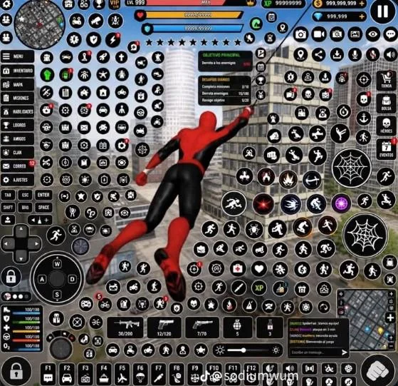 A screenshot of a Spider-Man video game with the screen heavily covered by numerous overlaid black icons, HUD elements, and a watermark reading '@soldgrwnm' at the bottom.