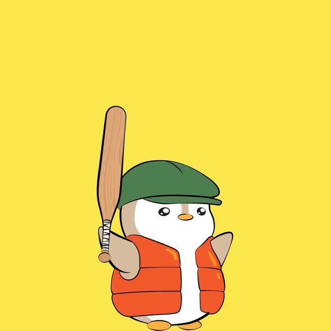 A cartoon penguin character wearing a green cap and red vest, holding a wooden baseball bat against a yellow background.