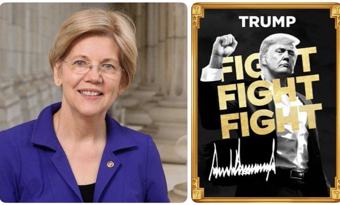 A split image: on the left, a portrait of Senator Elizabeth Warren in a blue blazer; on the right, a framed poster of Donald Trump with 'TRUMP FIGHT FIGHT FIGHT' text and his signature.
