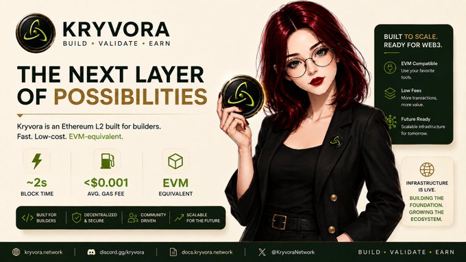 An advertisement for Kryvora, an Ethereum L2 blockchain network, featuring an illustrated woman with red hair and glasses holding a Kryvora coin, highlighting features like ~2s block time, <$0.001 average gas fee, EVM equivalent, with the tagline 'The Next Layer of Possibilities'.