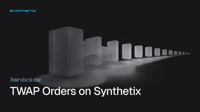 The image features a Synthetix-branded promotional graphic with the tagline "Your size is size" and the title "TWAP Orders on Synthetix," set against a dark background showing a sequence of translucent 3D boxes that decrease in size from left to right, visually representing how TWAP (Time-Weighted Average Price) orders break down large trades into smaller, sequential executions. The visual metaphor of progressively shrinking blocks reinforces the post's message about Synthetix's new tool for scaling into and out of large positions, particularly useful during volatile or long-tail market conditions.