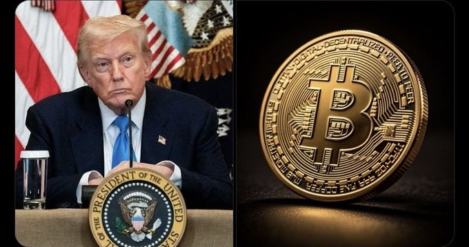 The image displays Donald Trump at a podium with the Presidential Seal alongside a physical Bitcoin coin, visually representing his stated intention to remove taxes on Bitcoin and cryptocurrency transactions.
