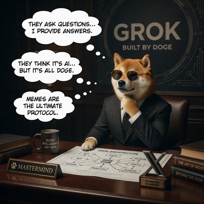 A Shiba Inu dog wearing sunglasses and a pinstripe suit sits at a desk labeled "MASTERMIND," with thought bubbles declaring "They ask questions... I provide answers," "They think it's AI.. but it's all DOGE," and "Memes are the ultimate protocol," alongside a "GROK ARCHITECTURE" diagram and a coffee mug reading "Such Intelligence Very Grok," humorously positioning Doge as the true mind behind the Grok AI system.