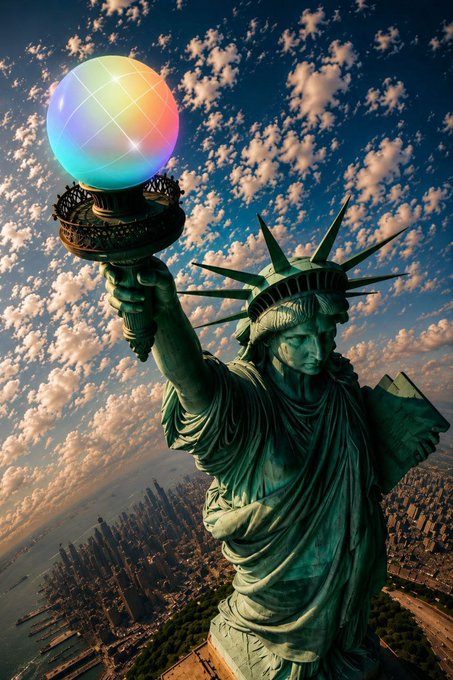 A digitally manipulated image of the Statue of Liberty holding a glowing iridescent sphere against a cloudy sky with a cityscape below.