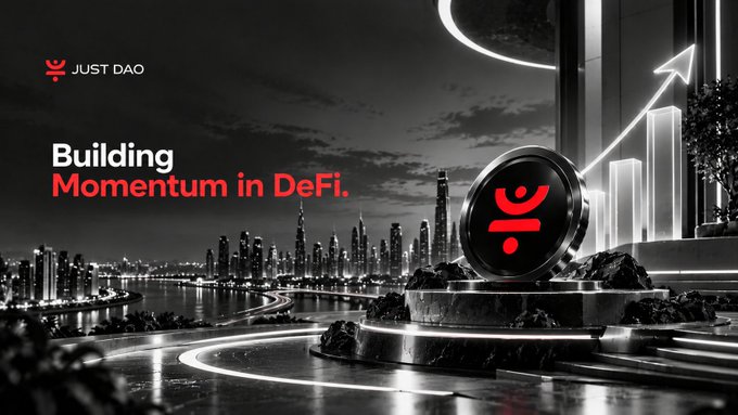 An advertisement for 'JUST DAO' featuring a city skyline, the text 'Building Momentum in DeFi', and a glowing chart with an upward arrow.