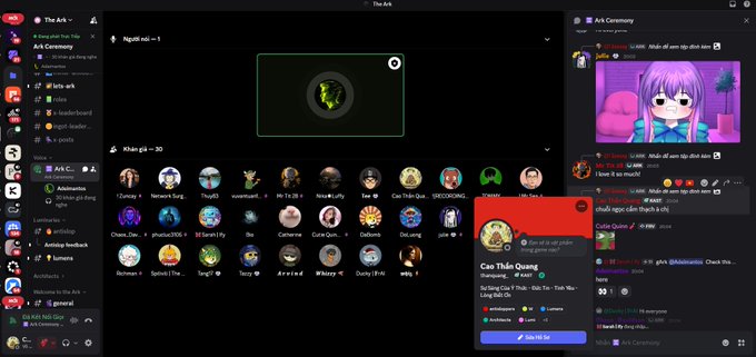 A Discord interface shows a server called 'The Ark' with various voice channels, a profile popup for 'Cao Thiện Quang', and users listening to music together in voice rooms.