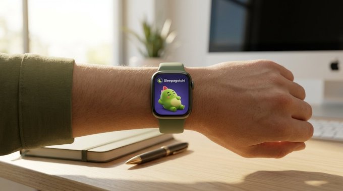 A person's wrist wearing a smartwatch with a green band displays a Sleepagotchi app interface on the screen, set against a sunlit desk with an iMac in the background.