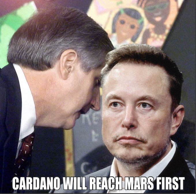 A meme image featuring two men (appearing to be Bill Gates and Elon Musk) with the caption 'CARDANO WILL REACH MARS FIRST'.